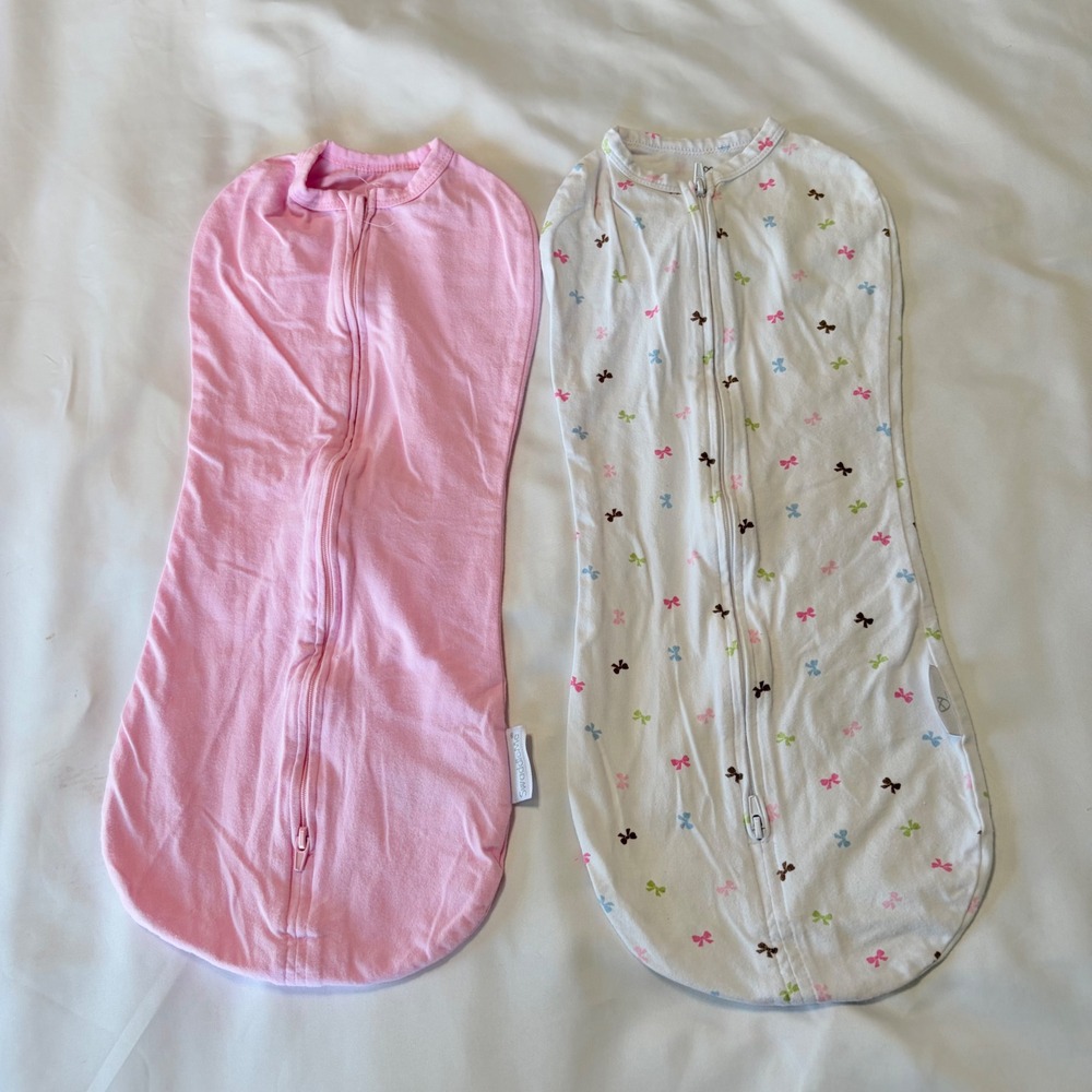 SwaddleMe Newborn Pod 2 Pack Pink and White Bows Zip Up Swaddle Pods Set